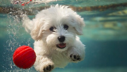 Happy little coton de tulear puppy jumping in water to chase red ball. - obrazy, fototapety, plakaty