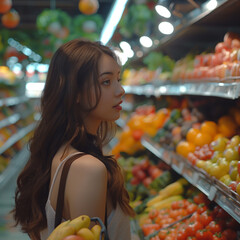 Woman buying fruit in the supermarket Surrounded by colorful vegetables, fruits, and other groceries, she walked the aisles with a shopping cart. care	