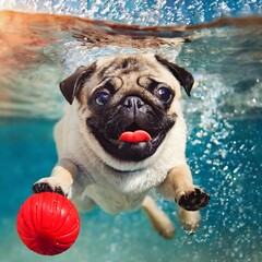 Happy little pug puppy jumping in water to chase red ball. - obrazy, fototapety, plakaty