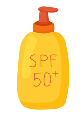 Sun cream SPF 50. Lotion, mousse. Summer cosmetic. Sunblock, skin protection, sunscreen, skin care products. Vector illustration.
