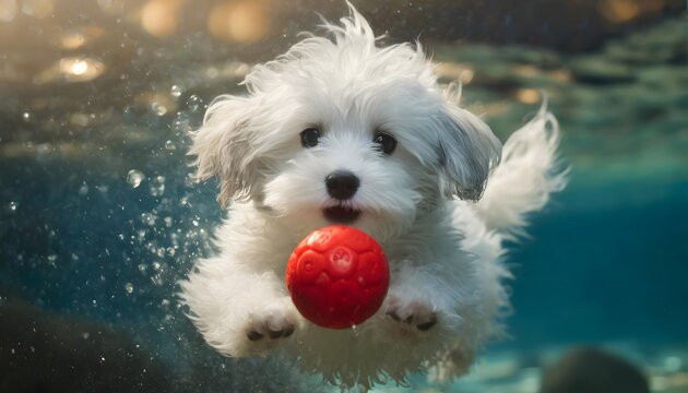 Happy little coton de tulear puppy jumping in water to chase red ball.