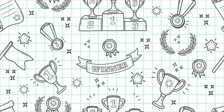 Backdrop with winner award attributes in linear style. Seamless sports doodles on checkered school background. Backdrop with winner award attributes in linear style.
