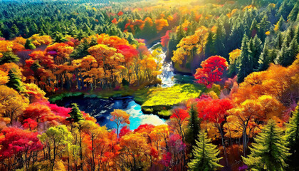 Scenary of a forest glade at fall with a lake crossing it - obrazy, fototapety, plakaty
