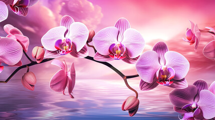 Two pink orchids are shown on a purple background.