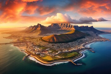 Naklejka premium Aerial view of Table Mountain at sunset , Aerial panoramic view cityscape at sunset, Ai generated