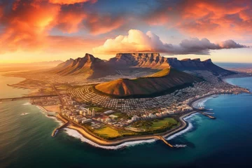 Papier Peint photo autocollant Montagne de la Table Aerial view of Table Mountain at sunset , Aerial panoramic view  cityscape at sunset, Ai generated