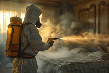 Pest control worker in a protective suit spraying a house interior