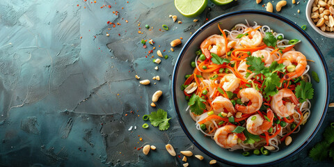 Delicious shrimp with noodles and vegetables in a blue bowl on a blue table top view, copy space concept