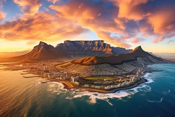 Tableaux ronds sur aluminium Montagne de la Table Aerial view of Table Mountain at sunset , Aerial panoramic view  cityscape at sunset, Ai generated