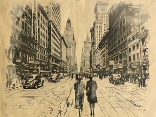 Retro 1950s line drawing of a bustling cityscape with people walking, radiating optimism 