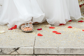 bride's elegant sandal steps on a path strewn with rose petals