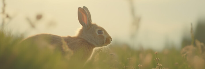 rabbit in the grass, serene sunrise over an open field with a close-up of a graceful wild bunny - Powered by Adobe
