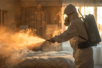 Pest control worker in a protective suit spraying a house interior