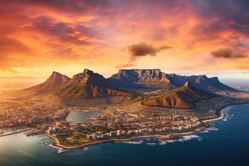 Cercles muraux Montagne de la Table Aerial view of Table Mountain at sunset , Aerial panoramic view  cityscape at sunset, Ai generated