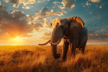 an elephant standing in a field with a sunset - obrazy, fototapety, plakaty
