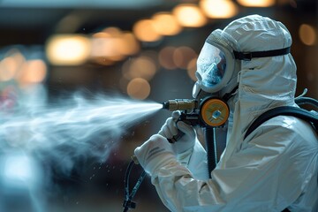 Pest control worker in a protective suit spraying an apartment