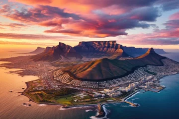 Papier Peint photo autocollant Montagne de la Table Aerial view of Table Mountain at sunset , Aerial panoramic view  cityscape at sunset, Ai generated