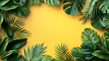 tropical leaves frame isolated on yellow background for summer banner background or design with generative ai