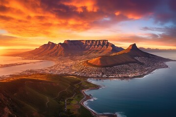 Aerial view of Table Mountain at sunset , Aerial panoramic view  cityscape at sunset, Ai generated - obrazy, fototapety, plakaty
