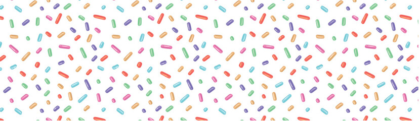 Festive seamless pattern with confetti or sprinkles for donuts. Repeating background, vector illustration for holiday, birthday, gift paper, decoration.