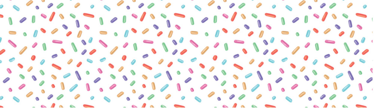 Festive seamless pattern with confetti or sprinkles for donuts. Repeating background, vector illustration for holiday, birthday, gift paper, decoration.