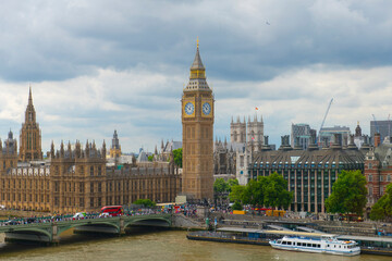 Big Ben, the Palace of Westminster and Westminster Bridge over River Thames aerial view in London,...