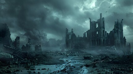 An eerie, desolate landscape of post-apocalyptic ruins, with crumbling buildings under dark, stormy skies, evoking a scene of destruction and abandonment. - obrazy, fototapety, plakaty