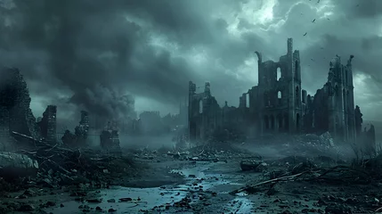 Poster An eerie, desolate landscape of post-apocalyptic ruins, with crumbling buildings under dark, stormy skies, evoking a scene of destruction and abandonment. © Chomphu
