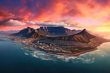 Papier Peint photo Montagne de la Table Aerial view of Table Mountain at sunset , Aerial panoramic view  cityscape at sunset, Ai generated