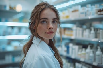 Female pharmacist in a modern new pharmacy