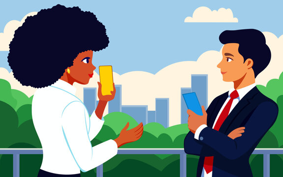 Business partners exchange information during a meeting in a park on a bridge