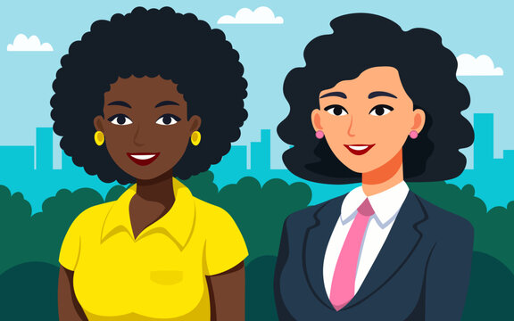 Couple of women smiling for a half-length portrait in a park outside a big city