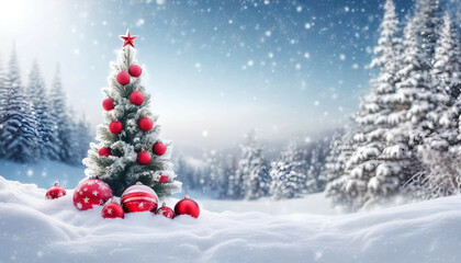 Beautiful Festive Christmas snowy background with holiday lights. Christmas tree decorated with red balls and knitted toys in forest in snowdrifts in snowfall on nature outdoors, panoramа, copy space. - obrazy, fototapety, plakaty