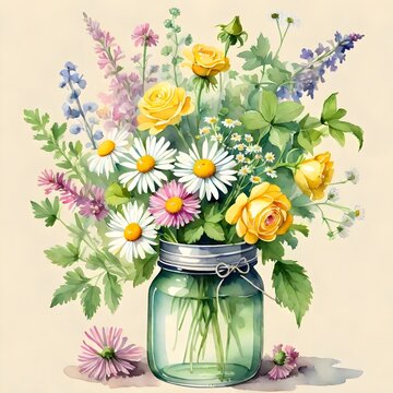 A lovely watercolor image capturing the essence of spring with a bouquet of  flowers in a jar