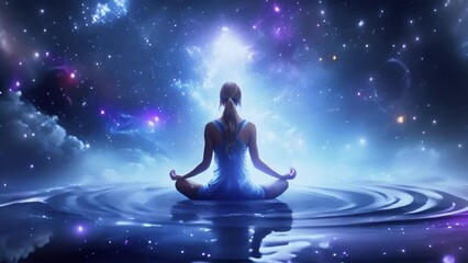 Mindfulness meditation concept. Meditation on top of the world. A woman sits in the lotus position engaged in spiritual practice. Silhouette of a girl and a galaxy. Surrealistic Picture. Space, galaxy