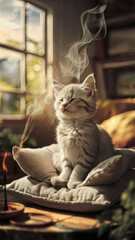 cat smelling incense 