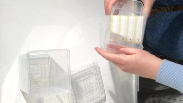 Plastic containers for freezing and storing food. A woman reviews a purchase. Vertical video.