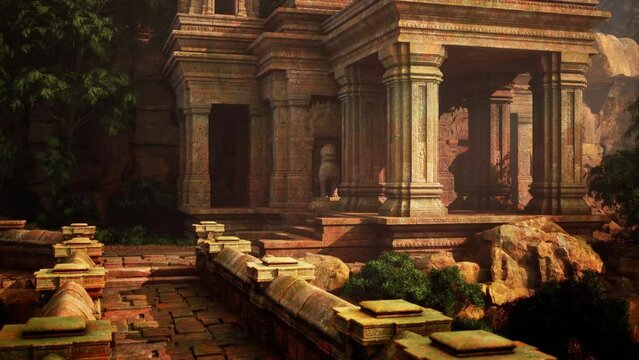 the ruins of an ancient temple in the jungle, featuring a prominent building surrounded by numerous pillars.