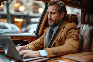 Foto op Canvas Driving on a highway, the businessman demonstrates the seamless connectivity of luxury car's technology features, effortlessly accessing emails and documents on laptop while en route to destination © arti om