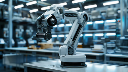 modern AI robotic arm working in a factory, advanced futuristic artificial intelligence technology,...