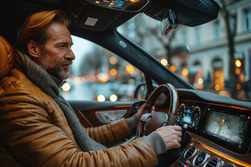 businessman sits confidently in the driver's seat of his sleek luxury car, his laptop open on the center console as he multitasks between driving and working on important projects  - obrazy, fototapety, plakaty