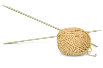 A skein of woolen thread with knitting needles isolated on a transparent background. Hobby, handicraft concept.