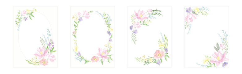 Flower Frame and Border with Floral Blossom Arrangement Vector Set