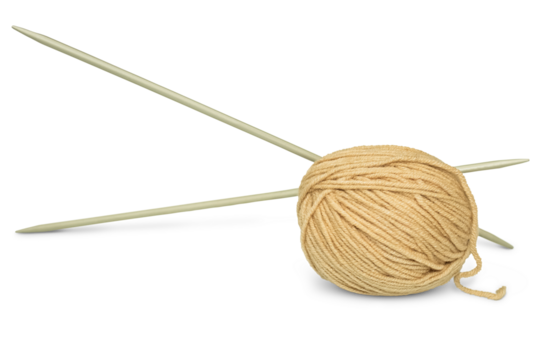 A skein of woolen thread with knitting needles isolated on a transparent background. Hobby, handicraft concept.