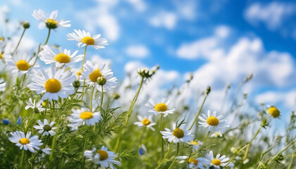 Beautiful field meadow flowers chamomile, blue wild peas in morning against blue sky with clouds, nature landscape, close-up macro. Wide format, copy space. Delightful pastoral airy artistic image.