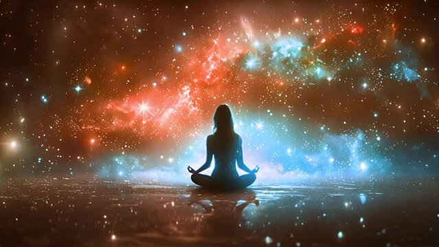 Mindfulness meditation concept. Meditation on top of the world. A woman sits in the lotus position engaged in spiritual practice. Silhouette of a girl and a galaxy. Surrealistic Picture. Space, galaxy