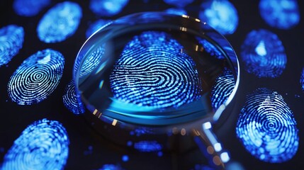 Enhance the intricacies of fingerprints under a magnifying glass against a luminous backdrop - obrazy, fototapety, plakaty