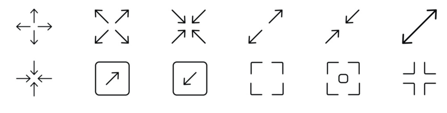 Maximize and minimize screen buttons editable stroke outline icons set isolated on white background flat vector illustration. Pixel perfect