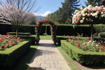 Un hermoso jardín natural que termina en un bello arco de rosas rojas - obrazy, fototapety, plakaty
