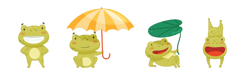 Obraz premium Funny Green Frog Character Engaged in Different Activity Vector Set